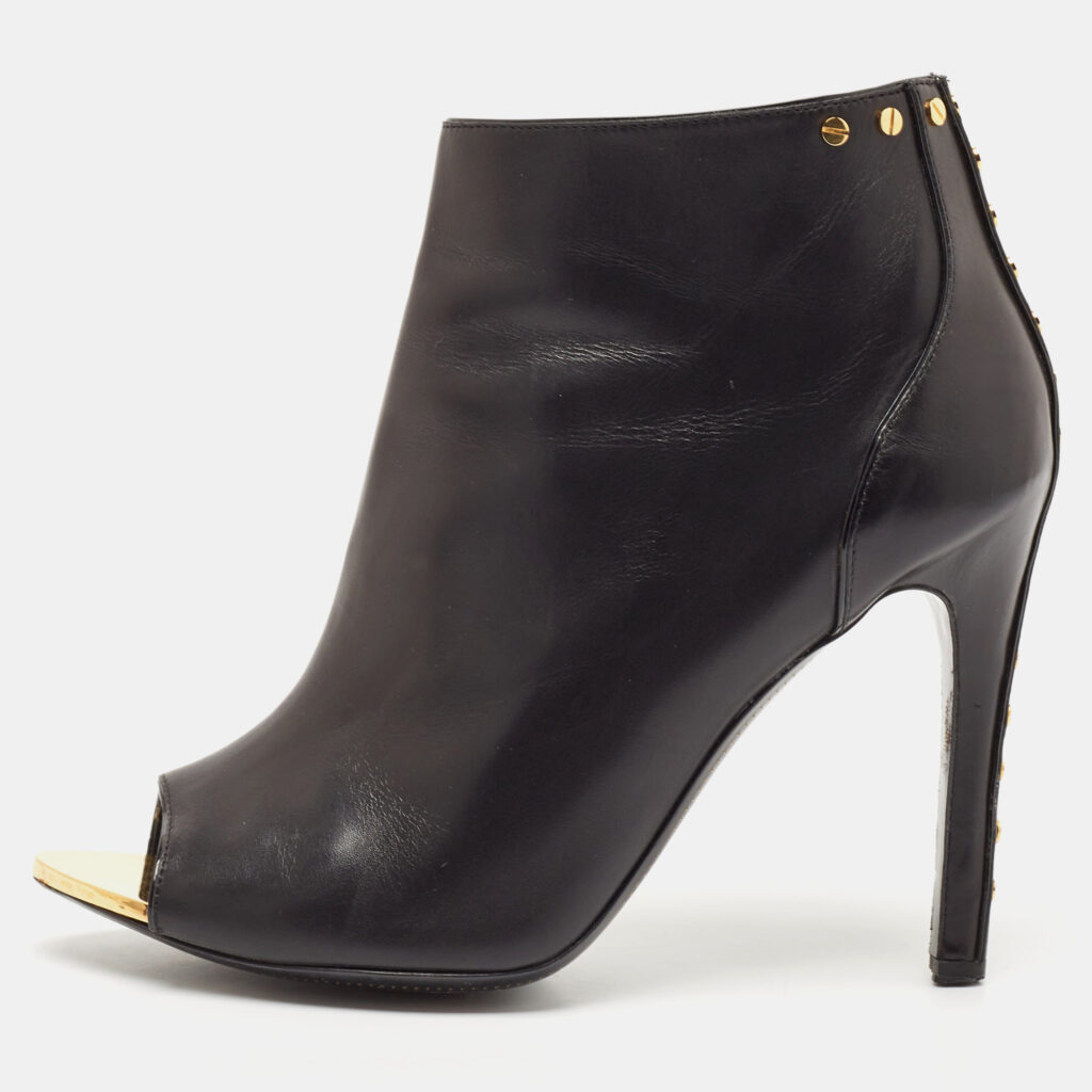 Tom Ford Black Leather Studded Peep Toe Booties Size 37.5