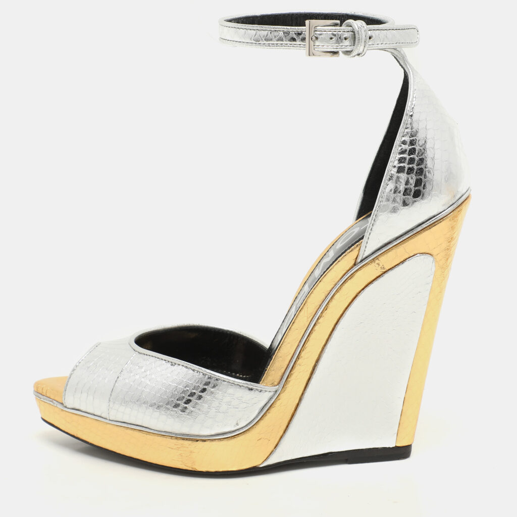 luxury-women-tom-ford-used-shoes-p1145932-007 Tom Ford Silver/Gold Python Embossed Leather Trompe L'oeil Wedge Pumps Size 36