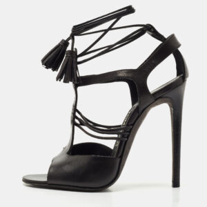 Tom Ford Black Paneled Leather Ankle Strap Sandals Size 37.5