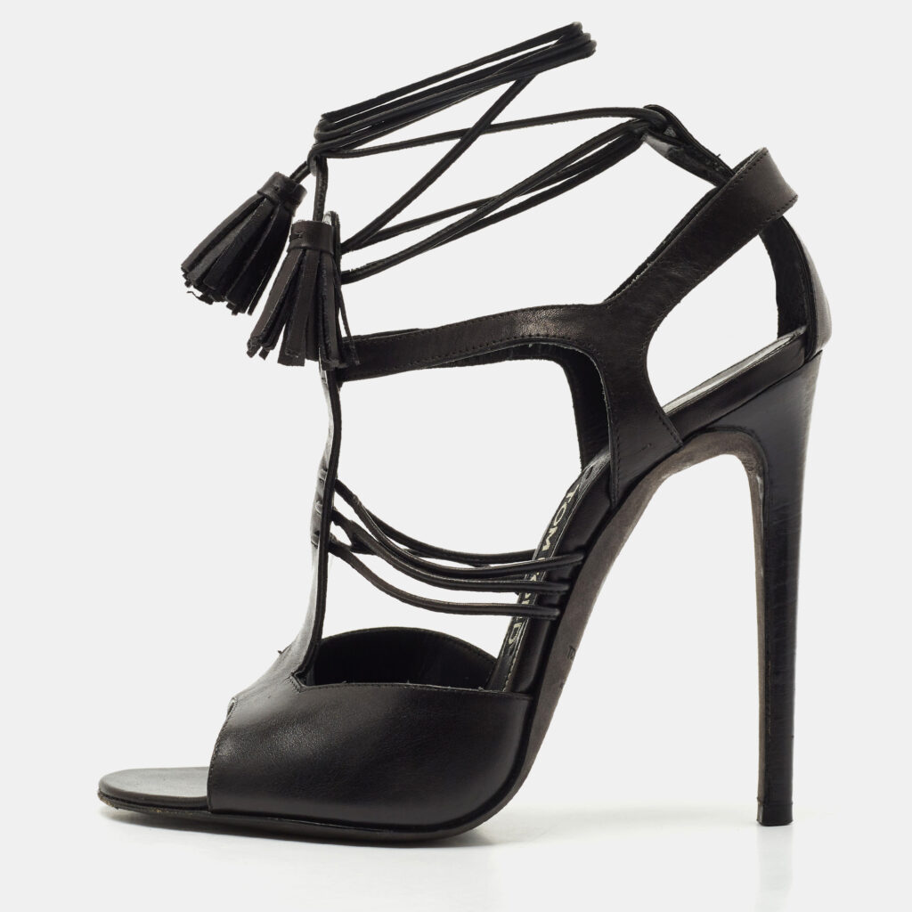 luxury-women-tom-ford-used-shoes-p1154491-001 Tom Ford Black Paneled Leather Ankle Strap Sandals Size 37.5