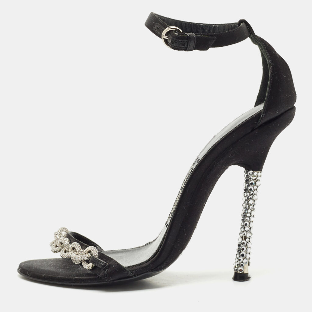 luxury-women-tom-ford-used-shoes-p1158510-010 Tom Ford Black Satin Crystal Embellished Heel Ankle Strap Sandals Size 37