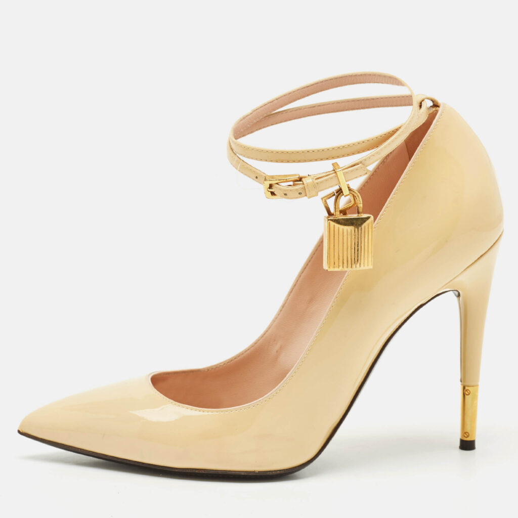 luxury-women-tom-ford-used-shoes-p1165971-010 Tom Ford Beige Leather Padlock Ankle Wrap Pumps Size 38