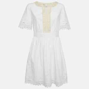 Tory Burch White Cotton Lace Trimmed Larissa Mini Dress S