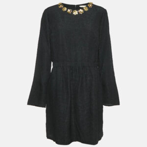 Tory Burch Black Floral Embossed Silk Blend Embellished Short Dress XL