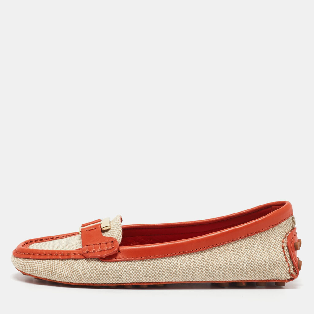 luxury-women-tory-burch-new-shoes-p1163474-009 Tory Burch Beige/Orange Canvas and Leather Casey Loafers Size 35.5