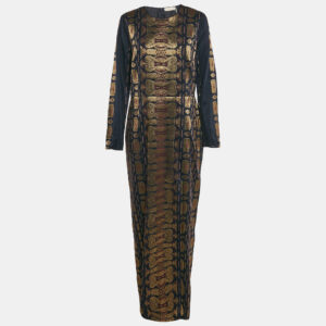 Tory Burch Navy Blue Lurex Jacquard Long Sleeve Maxi Dress L