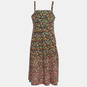 Tory Burch Black Floral Print and Sequin Embroidery Cotton Midi Dress L