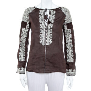 Tory Burch Brown Cotton Embroidered Neck Tie Detail Top S