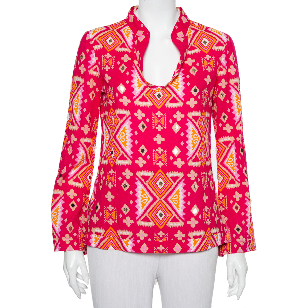 luxury-women-tory-burch-used-clothes-p447116-002 Tory Burch Pink Batik Printed Cotton Embellished Oversized Top S