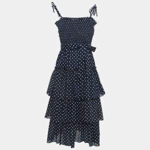 Tory Burch Navy Blue Polka-Dot Print Cotton Tiered Dress XS