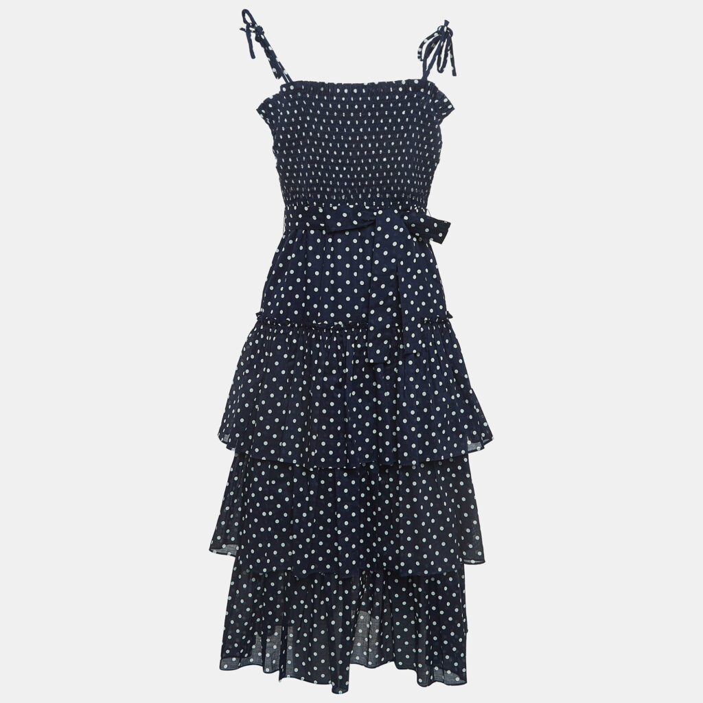 luxury-women-tory-burch-used-clothes-p923135-001 Tory Burch Navy Blue Polka-Dot Print Cotton Tiered Dress XS