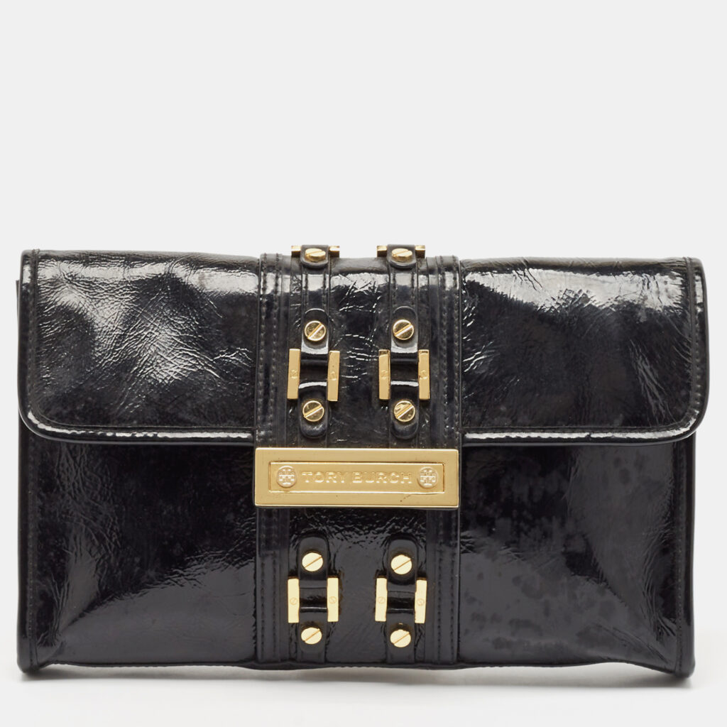 luxury-women-tory-burch-used-handbags-p1084757-027 Tory Burch Black Crinkled Patent Leather Matthias Clutch