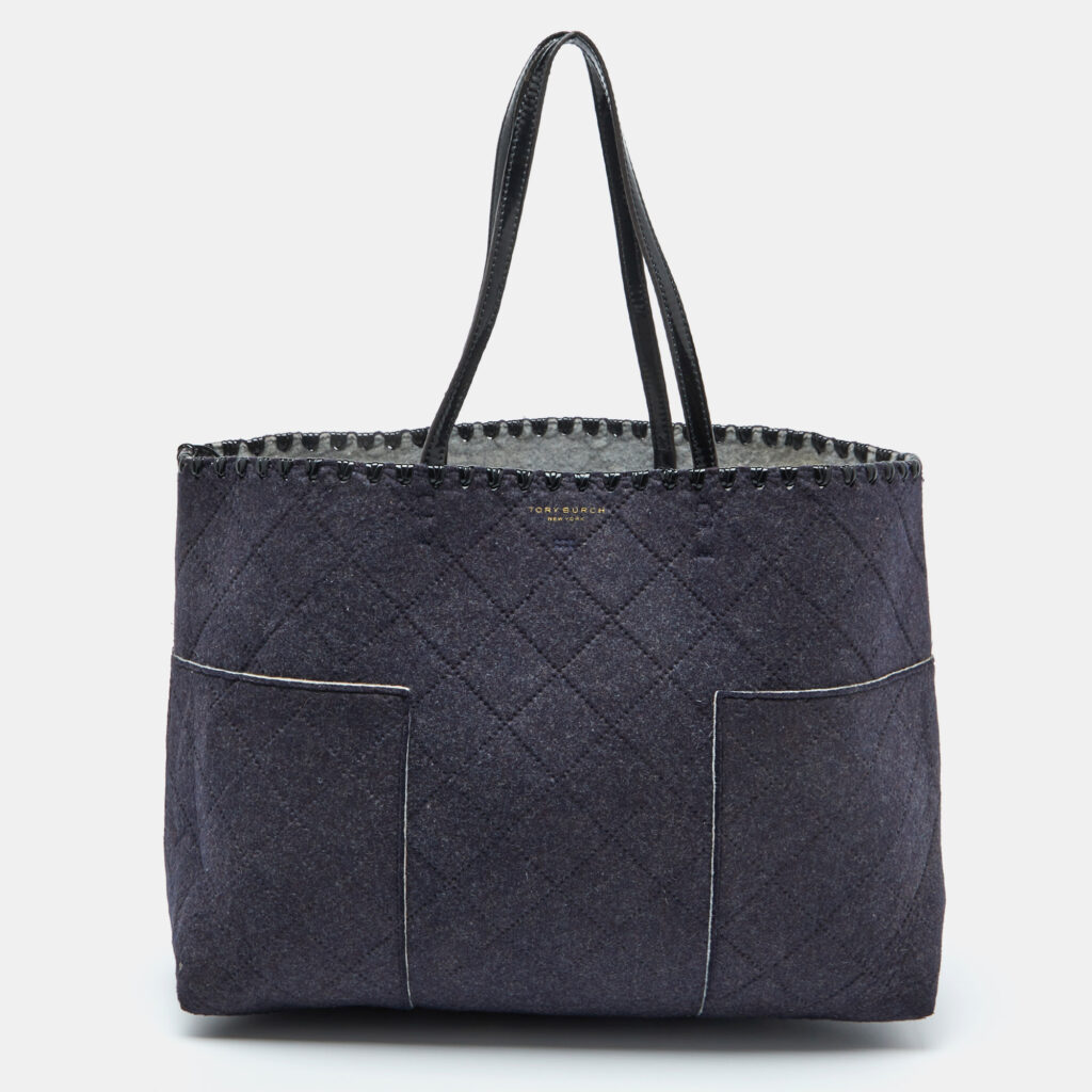 luxury-women-tory-burch-used-handbags-p1110246-002.jpg Tory Burch Navy Blue Felt Fabric and Patent Leather Block-T Shopper Tote