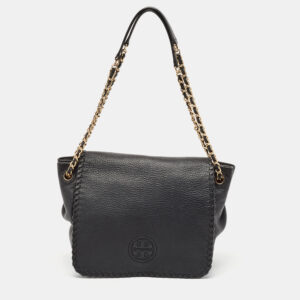 Tory Burch Black Braided Leather Marion Flap Shoulder Bag