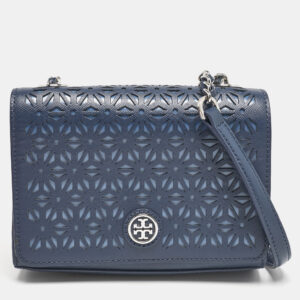 Tory Burch Navy Blue Laser Cut Leather Robinson Shoulder Bag