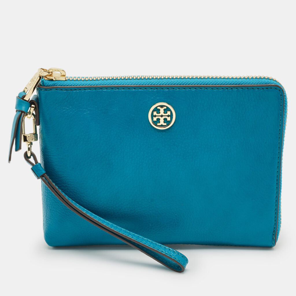 luxury-women-tory-burch-used-handbags-p1152438-002 Tory Burch Teal Green Leather Zip Wristlet Clutch
