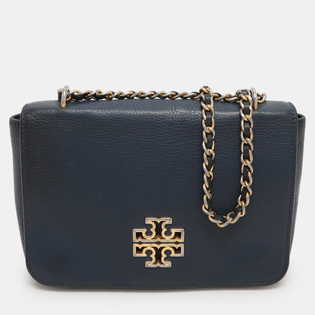 luxury-women-tory-burch-used-handbags-p1154012-001 Tory Burch Blue Leather Logo Flap Shoulder Bag