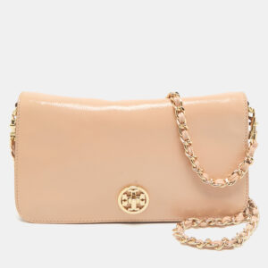 Tory Burch Beige Patent Leather Adalyn Flap Crossbody Bag