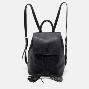 Tory Burch Black Leather Logo Flap Braided Tassel Backpack