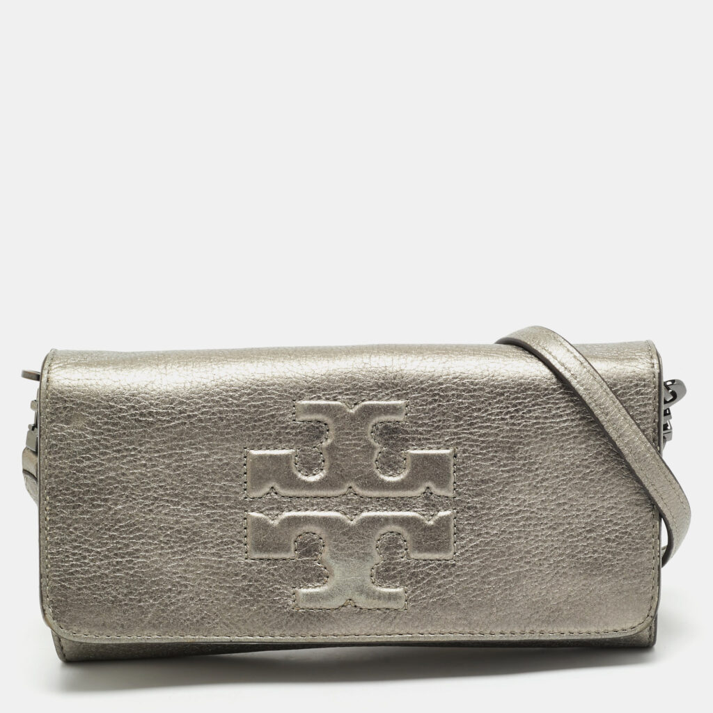 luxury-women-tory-burch-used-handbags-p1169095-008 Tory Burch Metallic Grey Leather Logo Embossed Flap Clutch Bag
