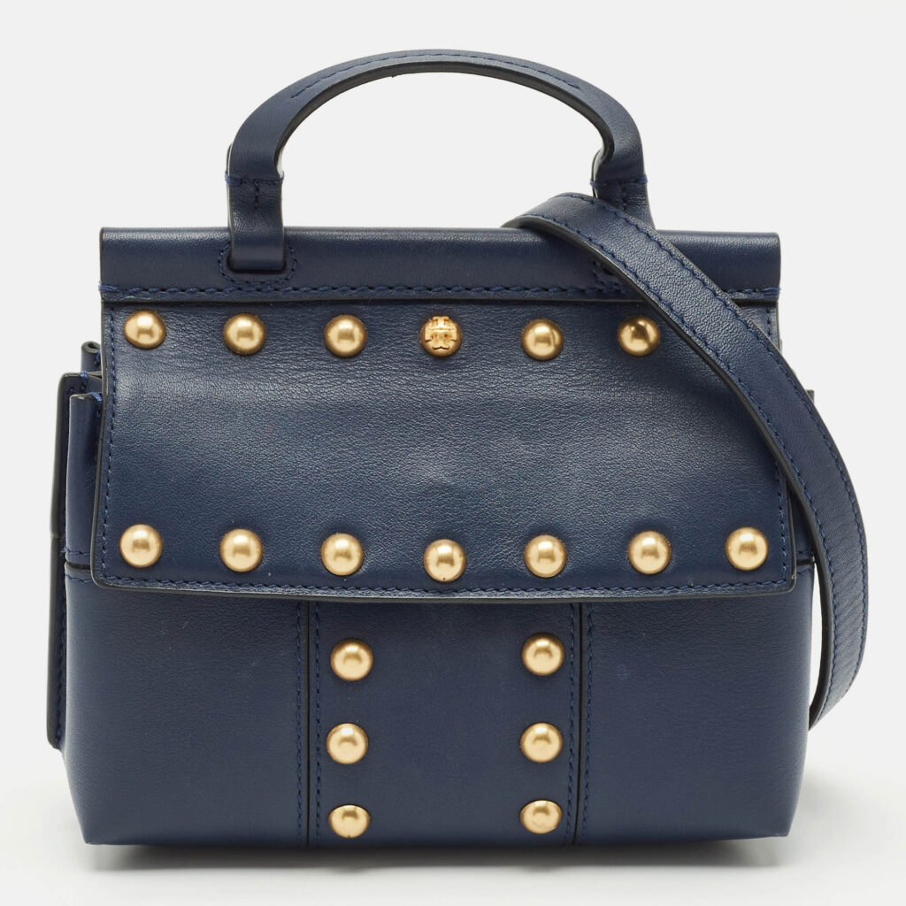 luxury-women-tory-burch-used-handbags-p1169882-014 Tory Burch Navy Blue Leather Mini Block-T Studded Top Handle Bag