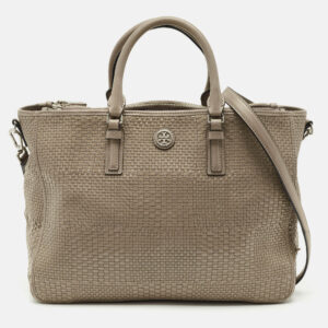 Tory Burch Grey Woven Patent and Leather Robinson Double Zip Tote