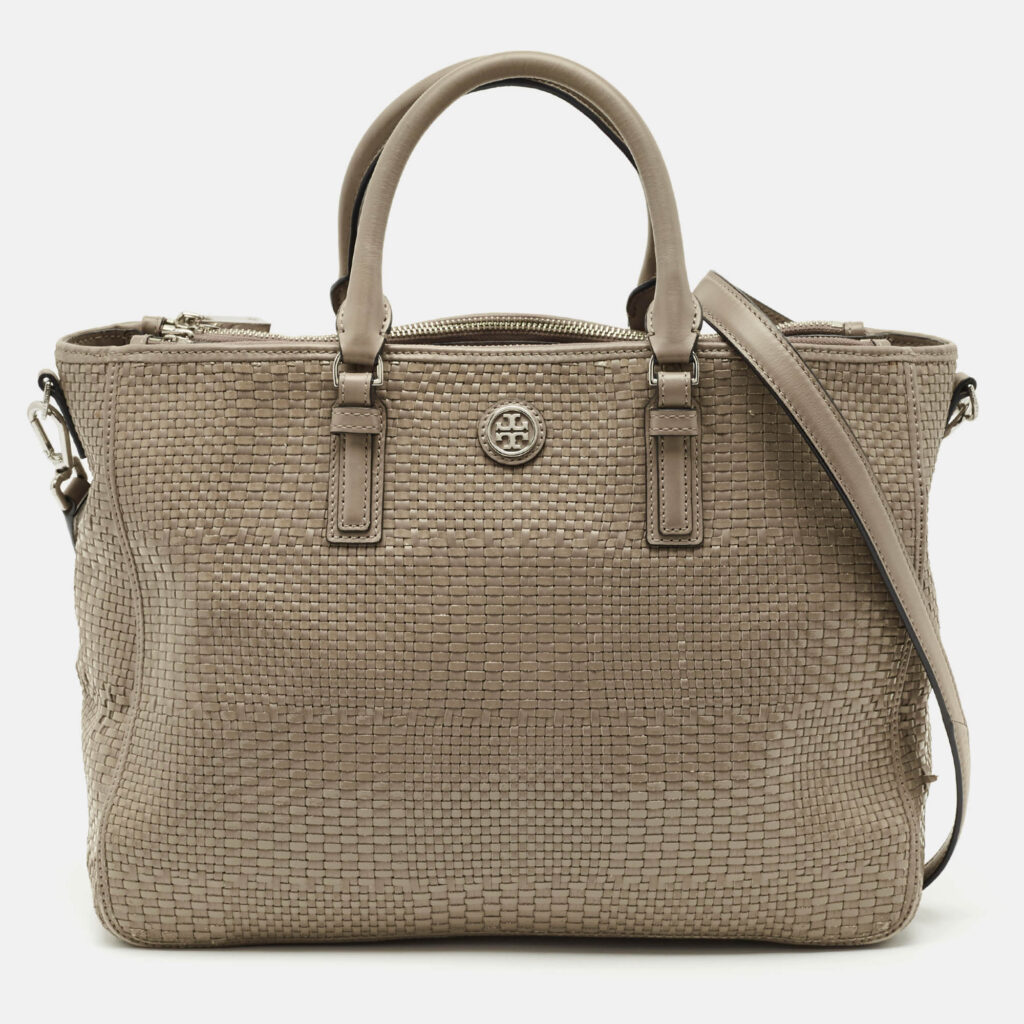 luxury-women-tory-burch-used-handbags-p1170262-016 Tory Burch Grey Woven Patent and Leather Robinson Double Zip Tote