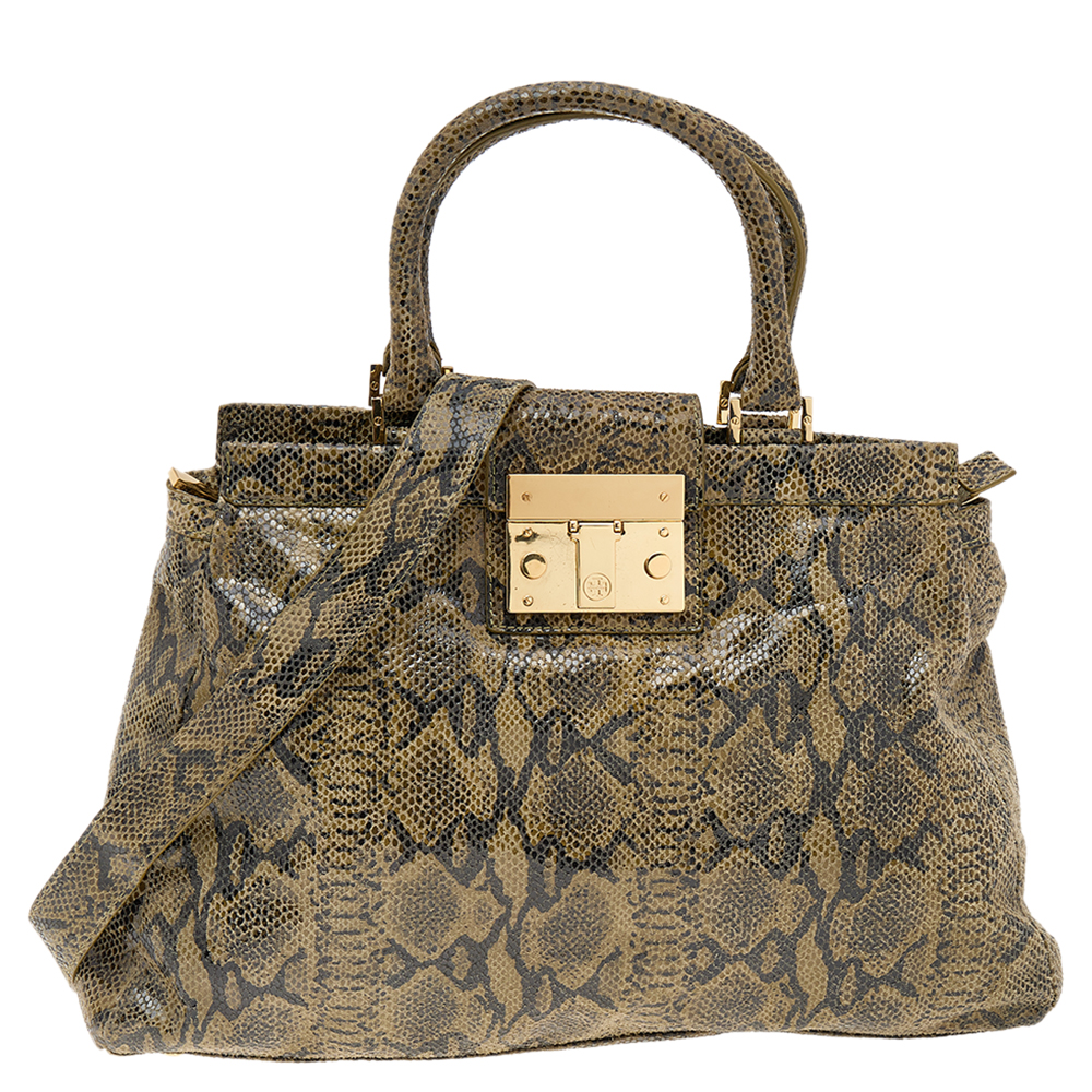 luxury-women-tory-burch-used-handbags-p564776-006 Tory Burch Olive Green/Black Python Embossed Leather Satchel