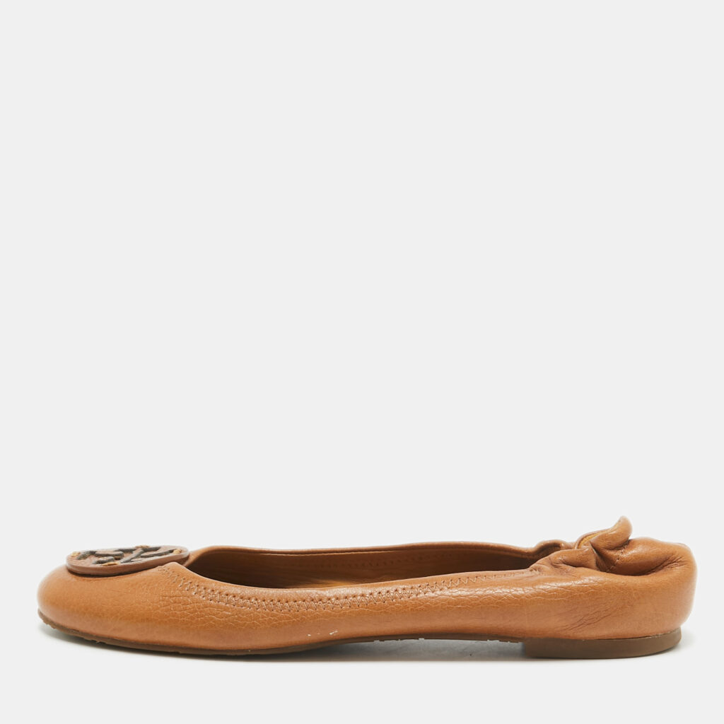 luxury-women-tory-burch-used-shoes-p1026932-001 Tory Burch Brown Leather Minnie Scrunch Ballet Flats Size 38.5