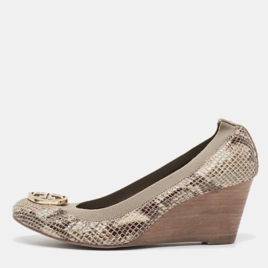 luxury-women-tory-burch-used-shoes-p1029248-003 Tory Burch Two Tone Snakeskin Embossed Suede Scrunch Wedge Pumps Size 38