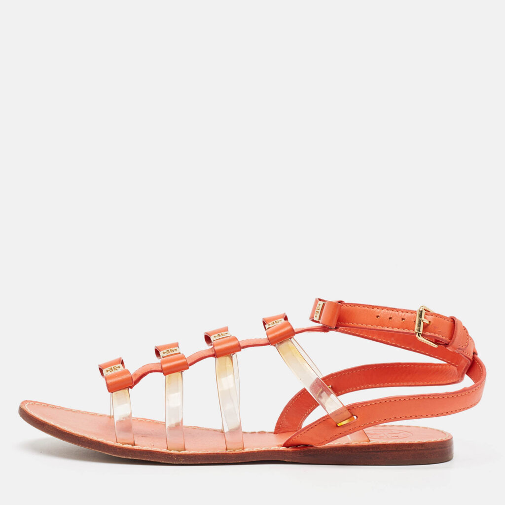 luxury-women-tory-burch-used-shoes-p1032127-010 Tory Burch Orange Leather And PVC Kira Flat Sandals Size 37.5