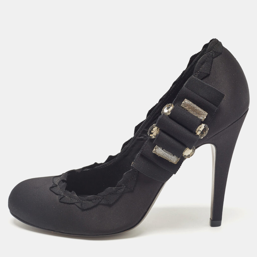 luxury-women-tory-burch-used-shoes-p1032222-001 Tory Burch Black Satin Embellished Bow Pumps Size 41