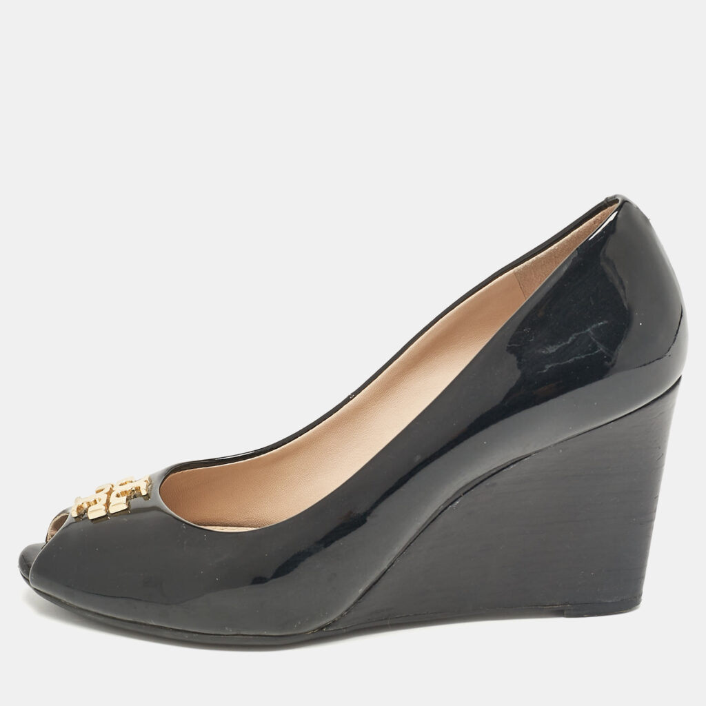 luxury-women-tory-burch-used-shoes-p1034457-001 Tory Burch Black Patent Leather Jade Wedge Pumps Size 36.5