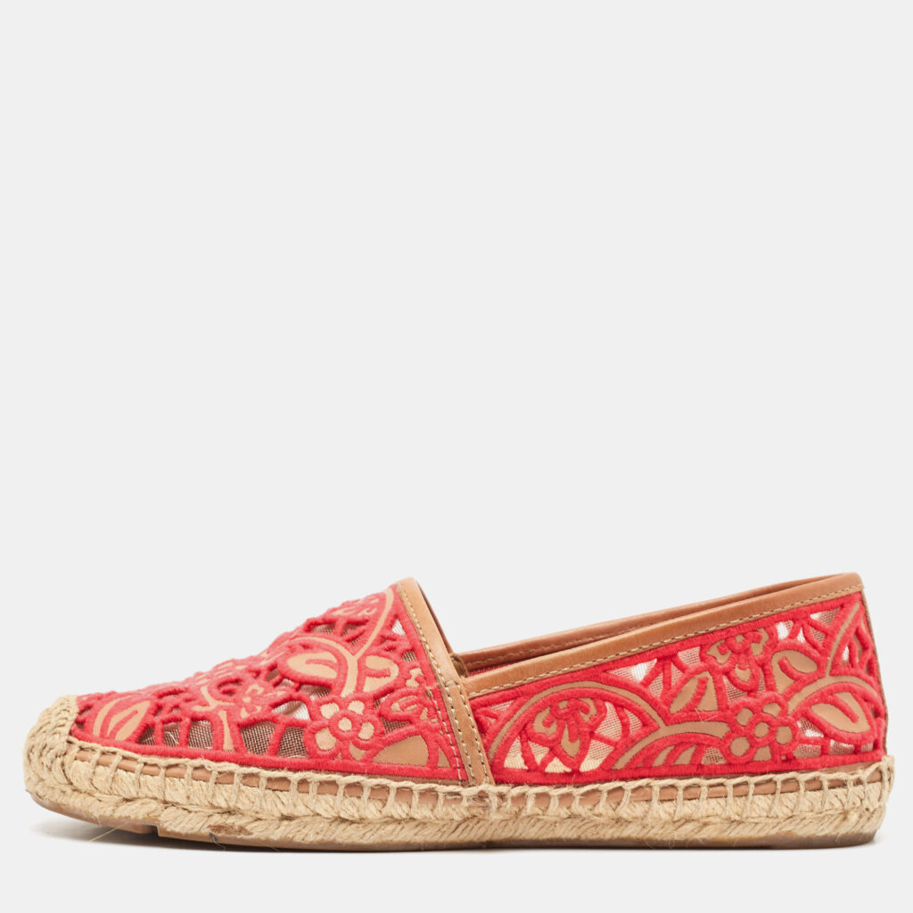 luxury-women-tory-burch-used-shoes-p1080950-004 Tory Burch Pink/Brown Lace and Leather Lucia Espadrille Flats Size 37.5