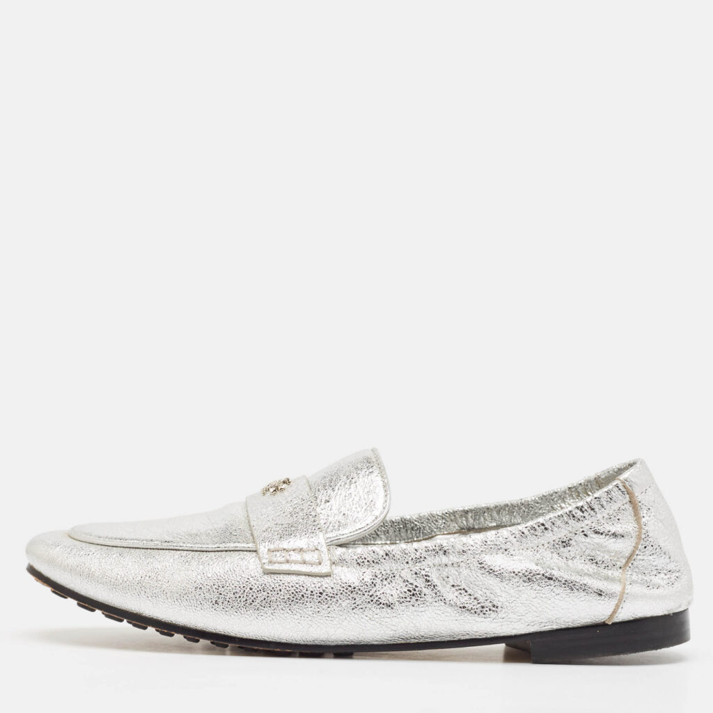 luxury-women-tory-burch-used-shoes-p1080958-001 Tory Burch Silver Leather Ballet Loafers Size 38.5