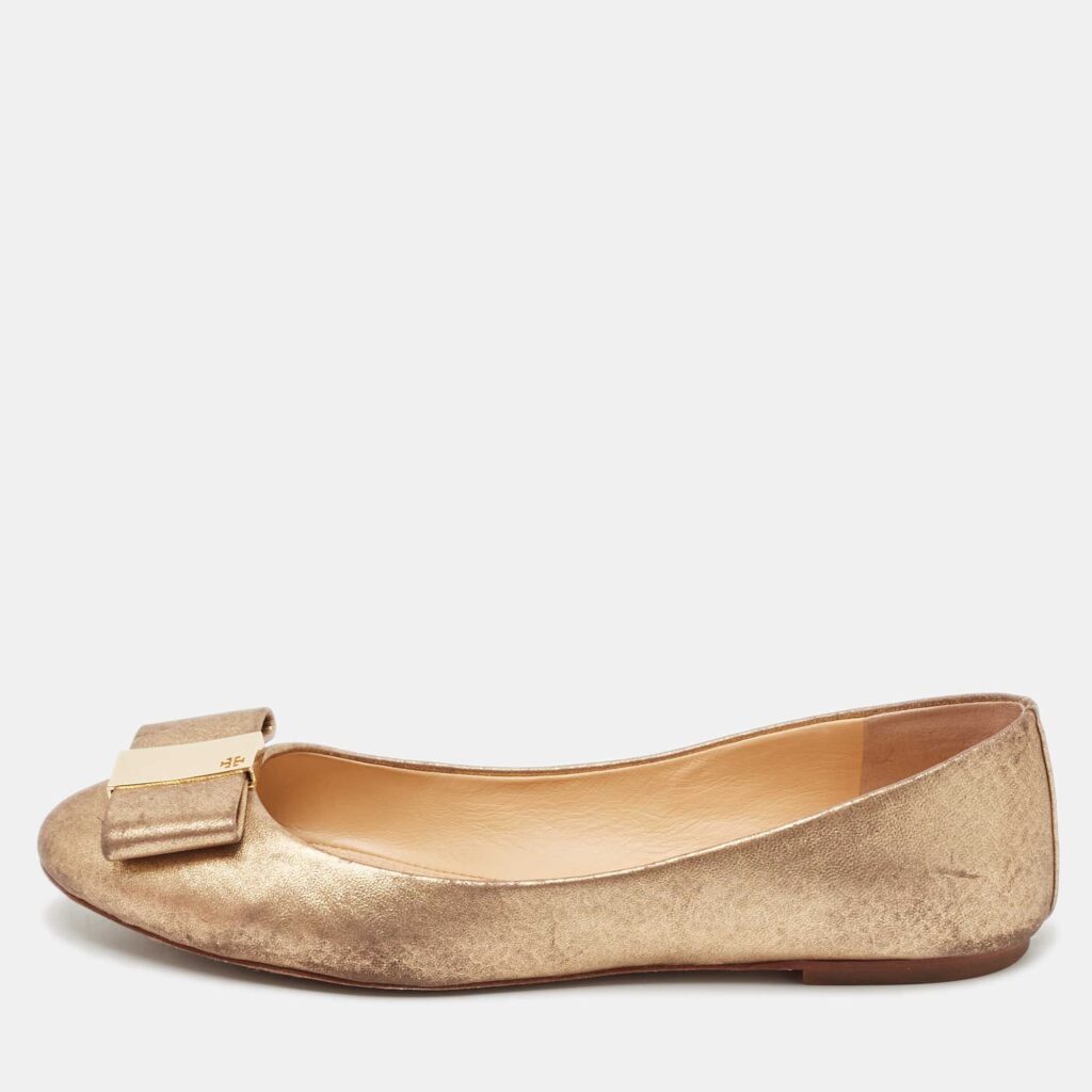 luxury-women-tory-burch-used-shoes-p1085313-001 Tory Burch Gold Leather Bow Chase Ballet Flats Size 40.5