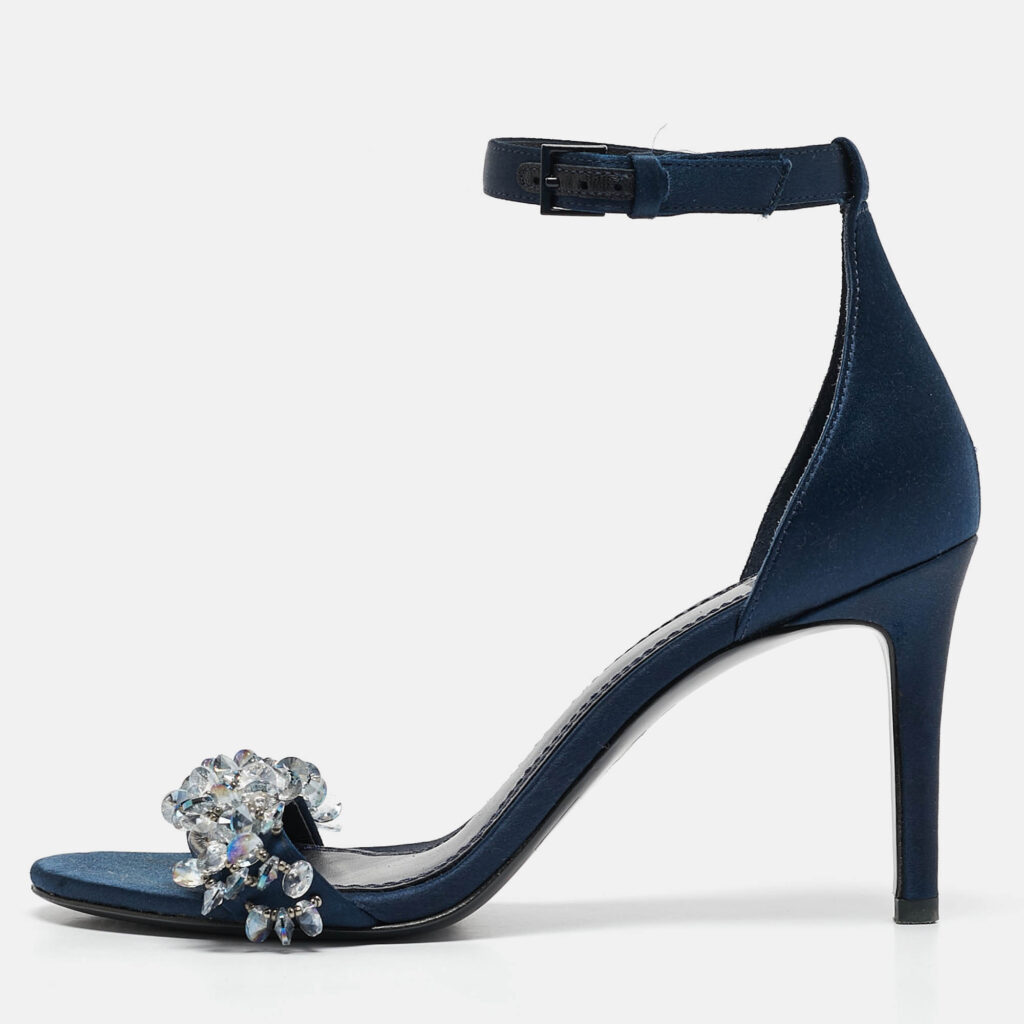 Tory Burch Blue Satin Crystal Embellished Ankle Strap Sandals Size 37.5