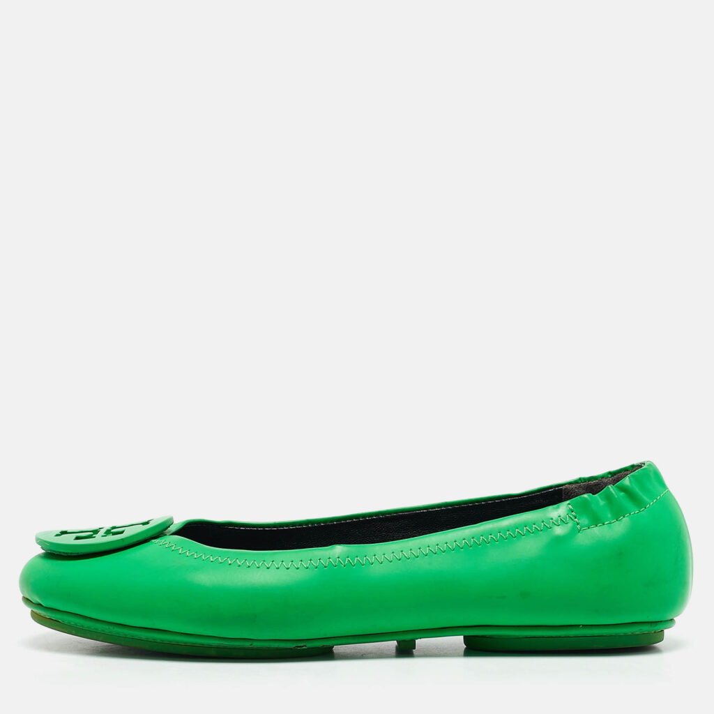 luxury-women-tory-burch-used-shoes-p1097776-010 Tory Burch Green Leather Minnie Scrunch Ballet Flats Size 35.5