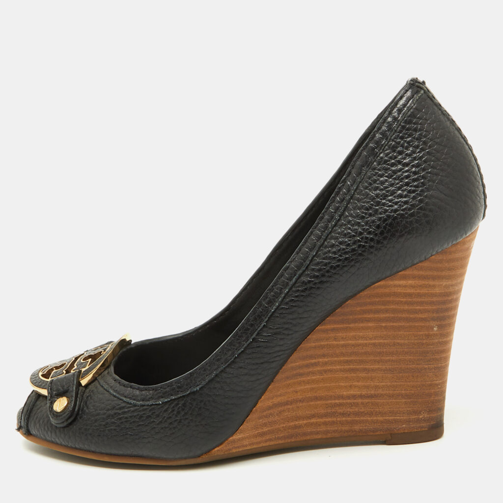 luxury-women-tory-burch-used-shoes-p1097954-003 Tory Burch Black Leather Logo Peep Toe Wedge Pumps Size 38