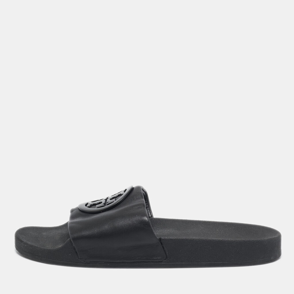 luxury-women-tory-burch-used-shoes-p1101897-001 Tory Burch Black Leather Double T Flat Slides Size 39.5