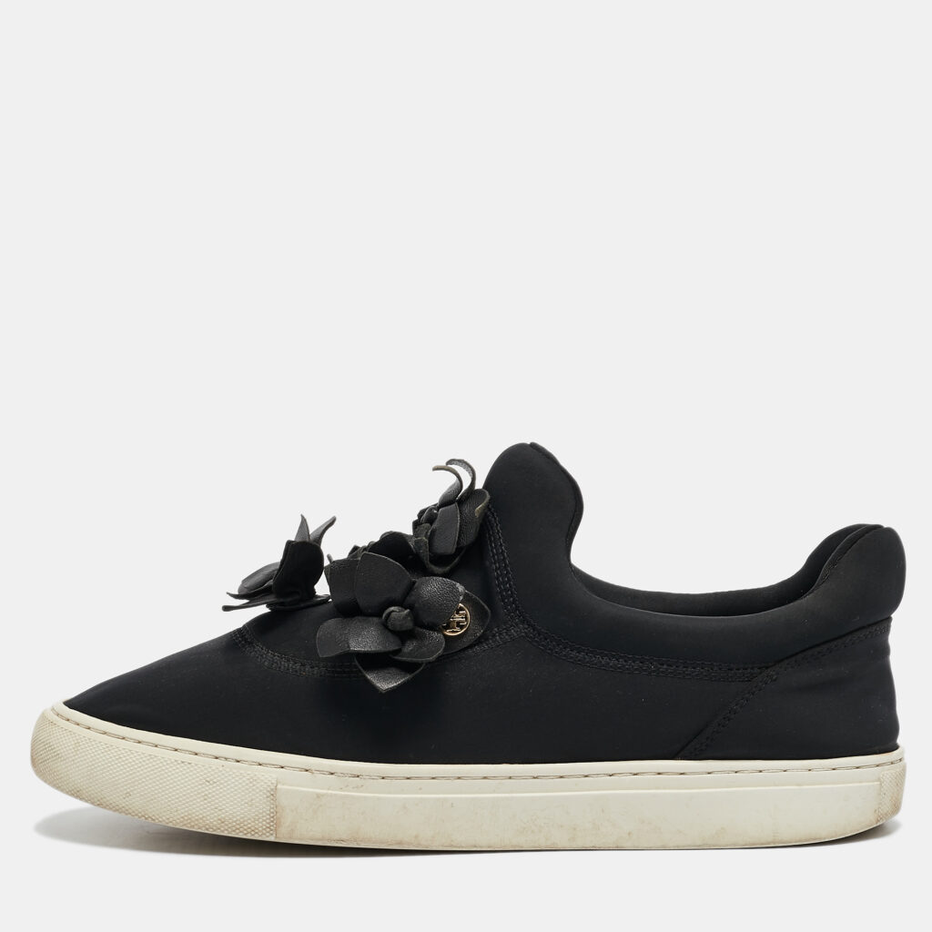 Tory Burch Black Neoprene And Leather Blossom Floral Applique Slip On Sneakers Size 39