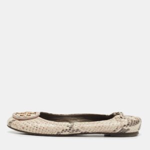 Tory Burch Cream/Black Python Embossed Leather Reva Scrunch Ballet Flats Size 36