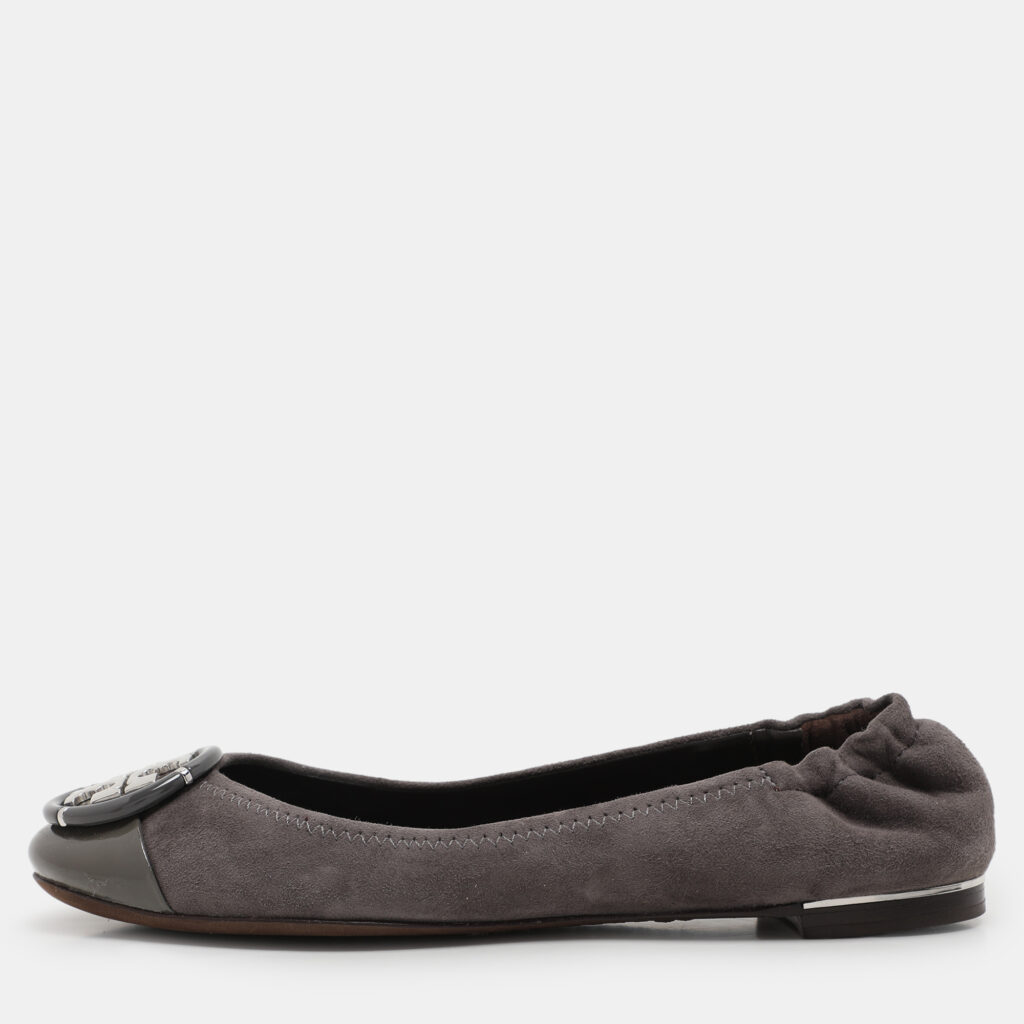 Tory Burch Dark Grey Patent Leather and Suede Reva Ballet Flats Size 36