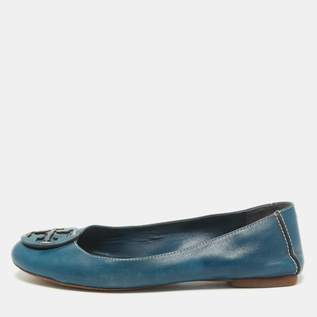 Tory Burch Blue Leather Logo Minnie Ballet Flats Size 37