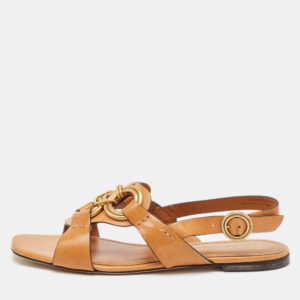 Tory Burch Brown Leather Crystal Embellished Slingback Flat Sandals Size 38