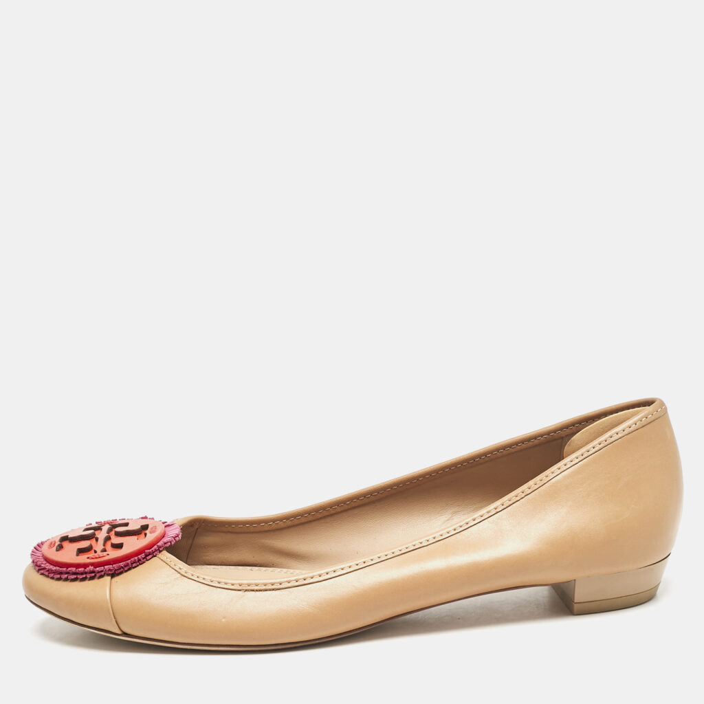 Tory Burch Brown Leather Reva Pebbled Ballet Flats Size 39
