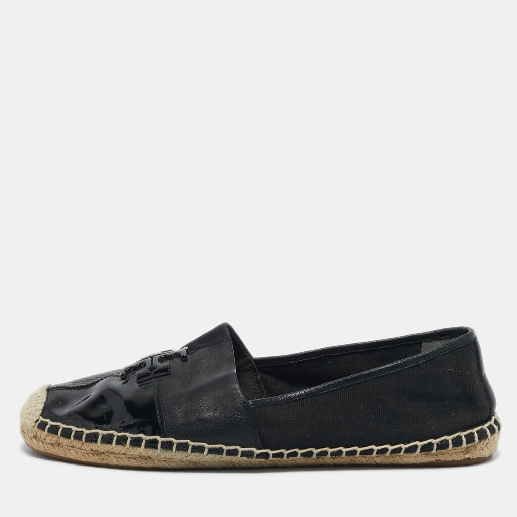 Tory Burch Black Canvas and Leather Ines Espadrille Flats Size 39
