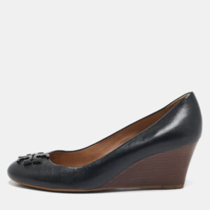 Tory Burch Black Leather Lowell Wedge Pumps Size 39.5