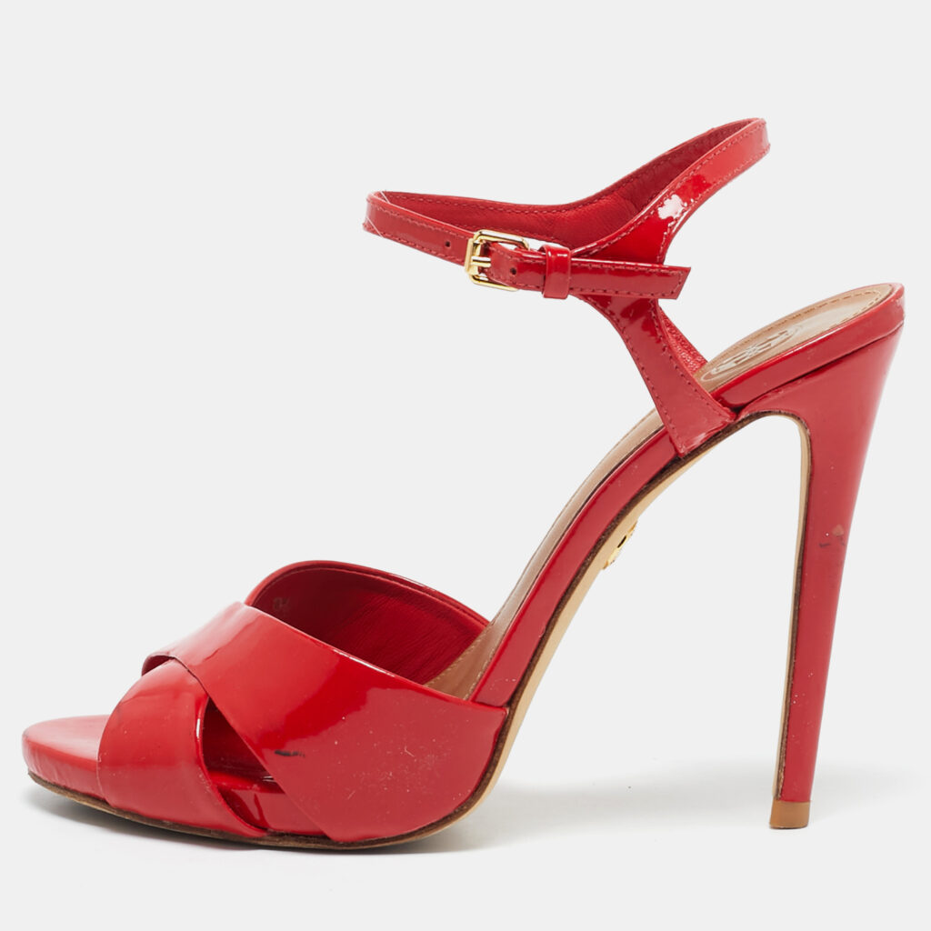 Tory Burch Red Patent Leather Cross Strap Ankle Strap Sandals Size 38