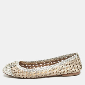 Tory Burch Gold/Silver Woven Leather Reva Scrunch Ballet Flats Size 37